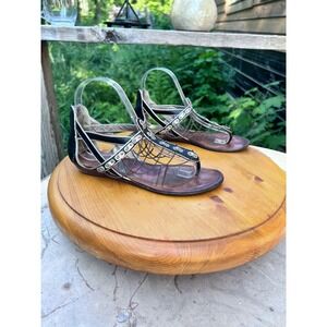 Vintage Leather Gladiator Sandals Womens 6 Black Chain Fringe Studded Matiko
